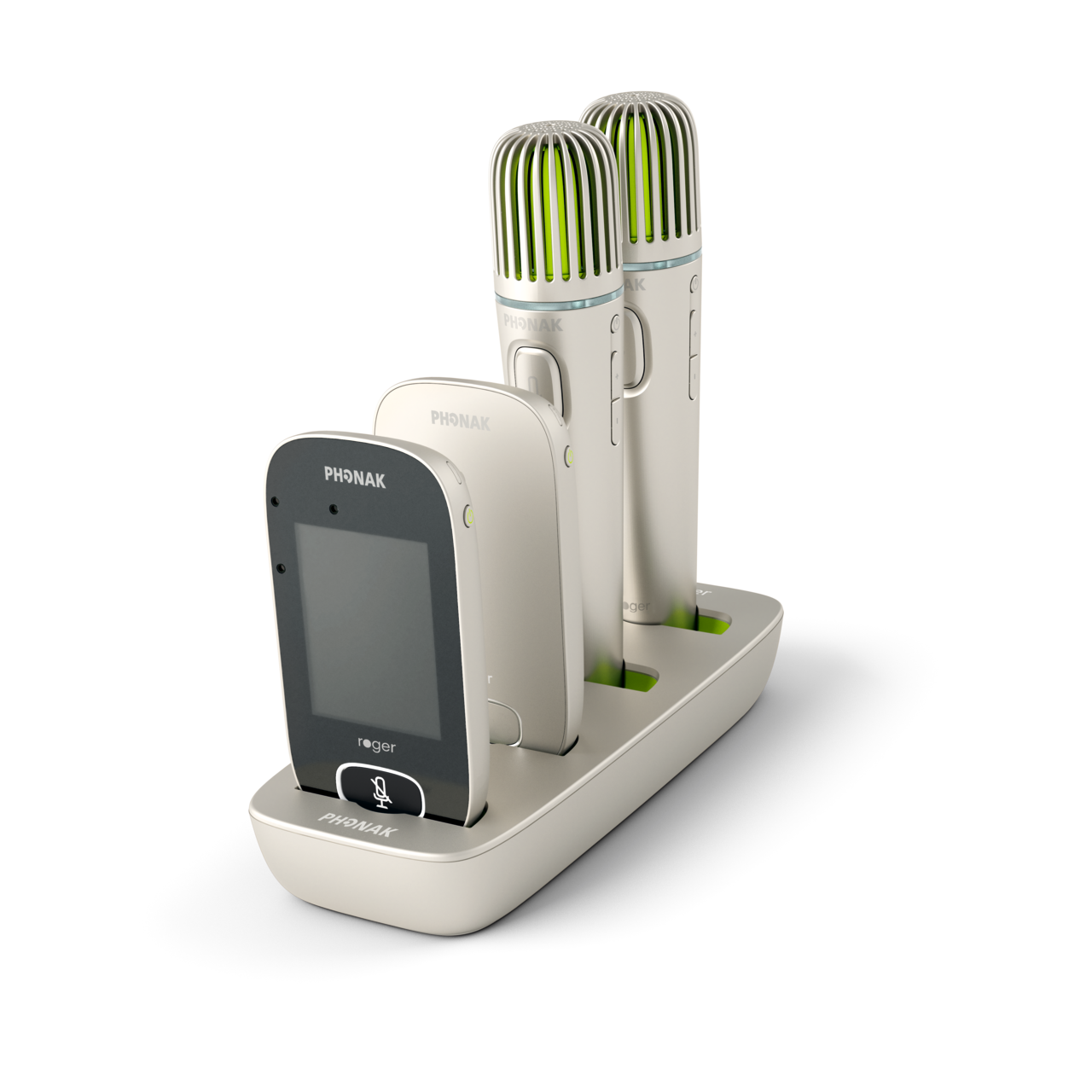 Phonak Roger Charging Rack with four different hearing aid accessories charging.
