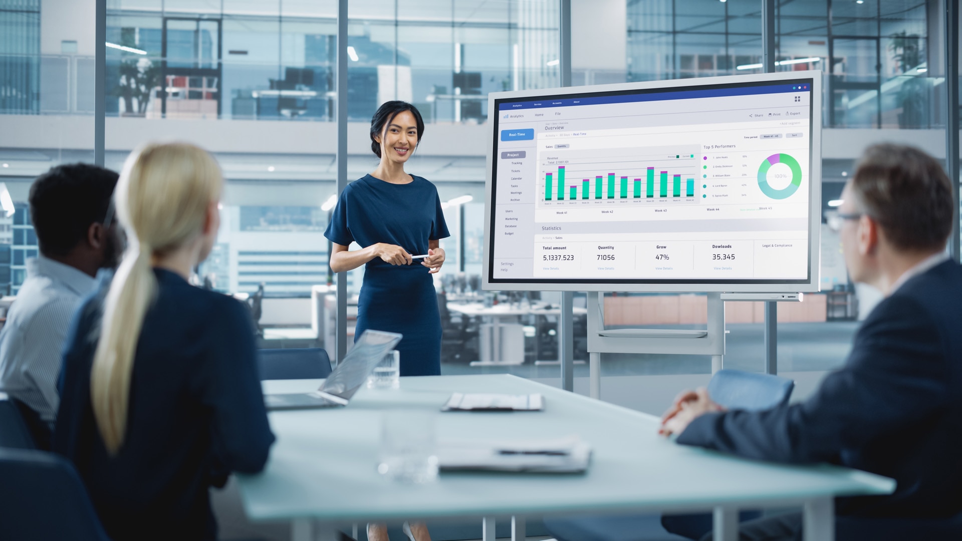 Female Operations Manager Holds Meeting Presentation for a Team of Economists. Asian Woman Uses Digital Whiteboard with Growth Analysis, Charts, Statistics and Data.