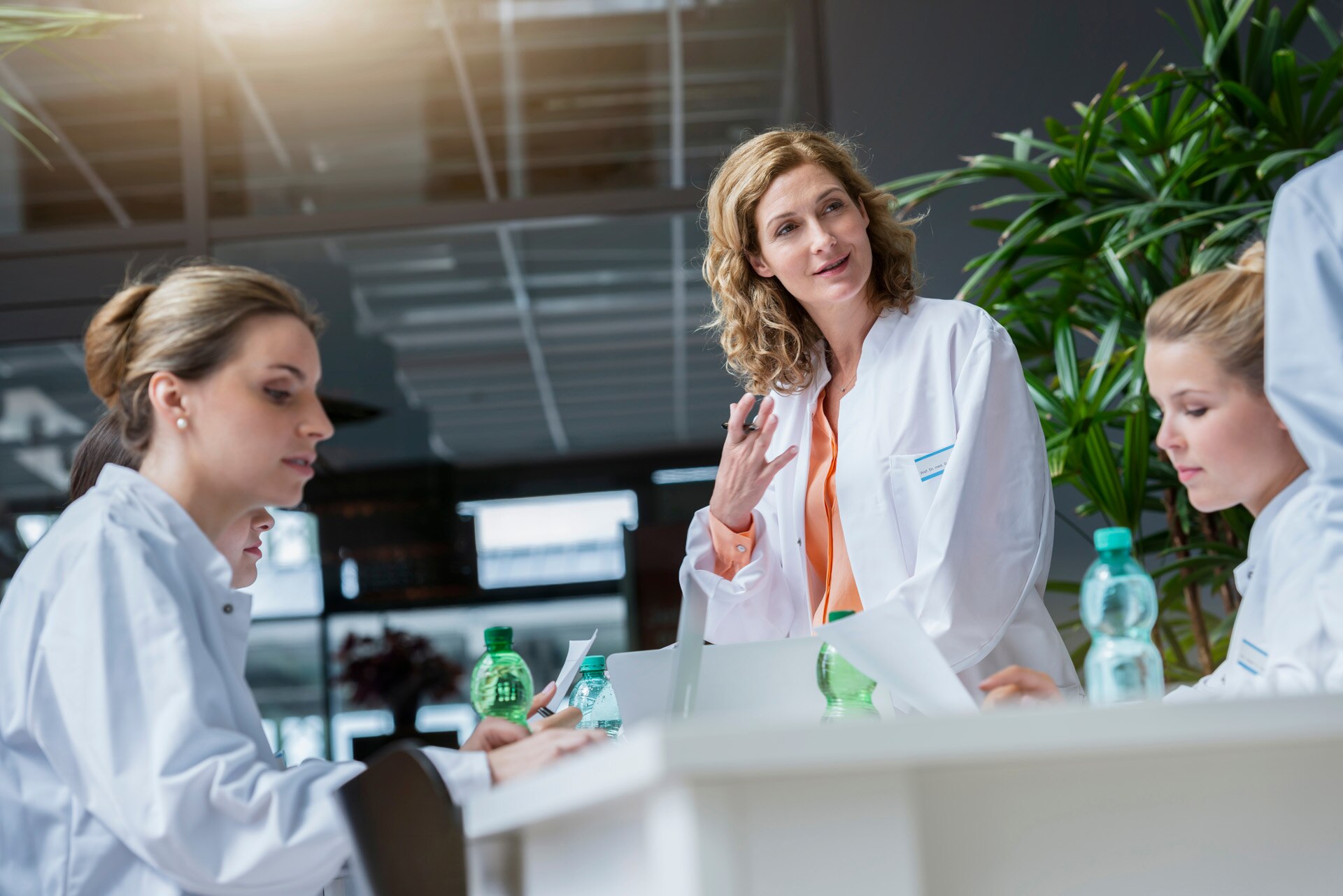 Doctoras reunidas en una sala de conferencias.