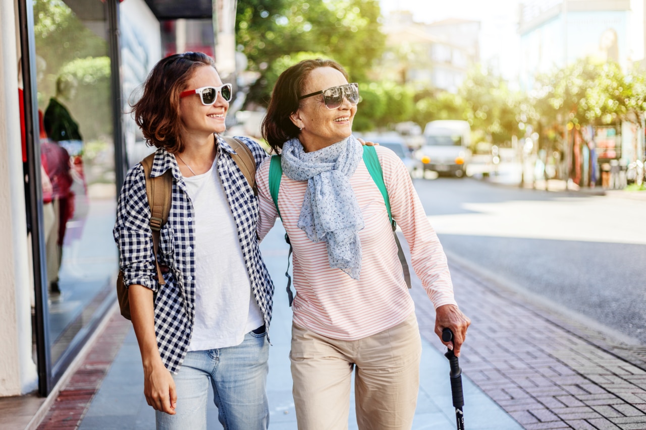 Two women walking down the street