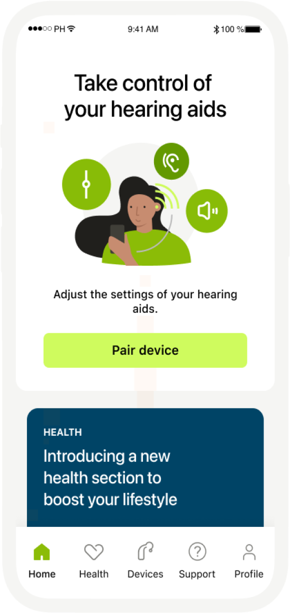 myPhonak hearing aid app interface.
