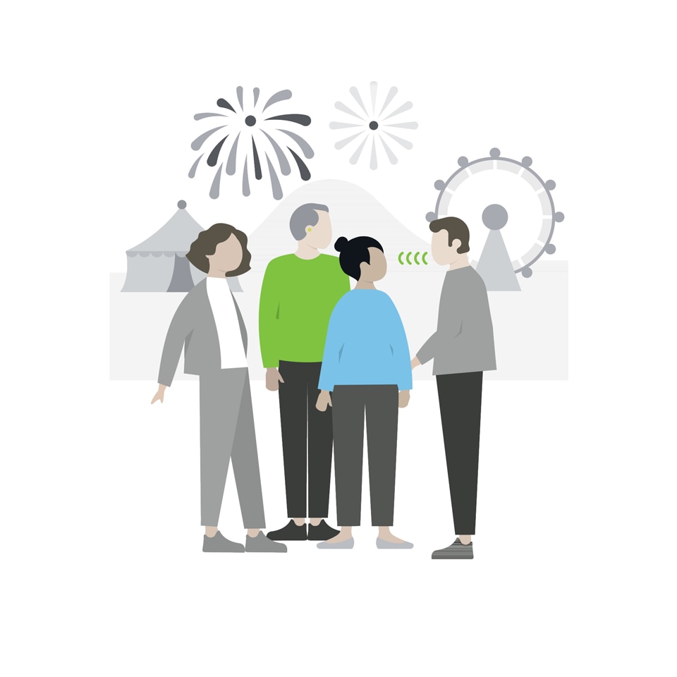 Icon presenting real world benefits- people talking with fireworks behind Icône représentant les avantages dans le monde réel - personnes parlant avec un feu d’artifice en arrière-plan