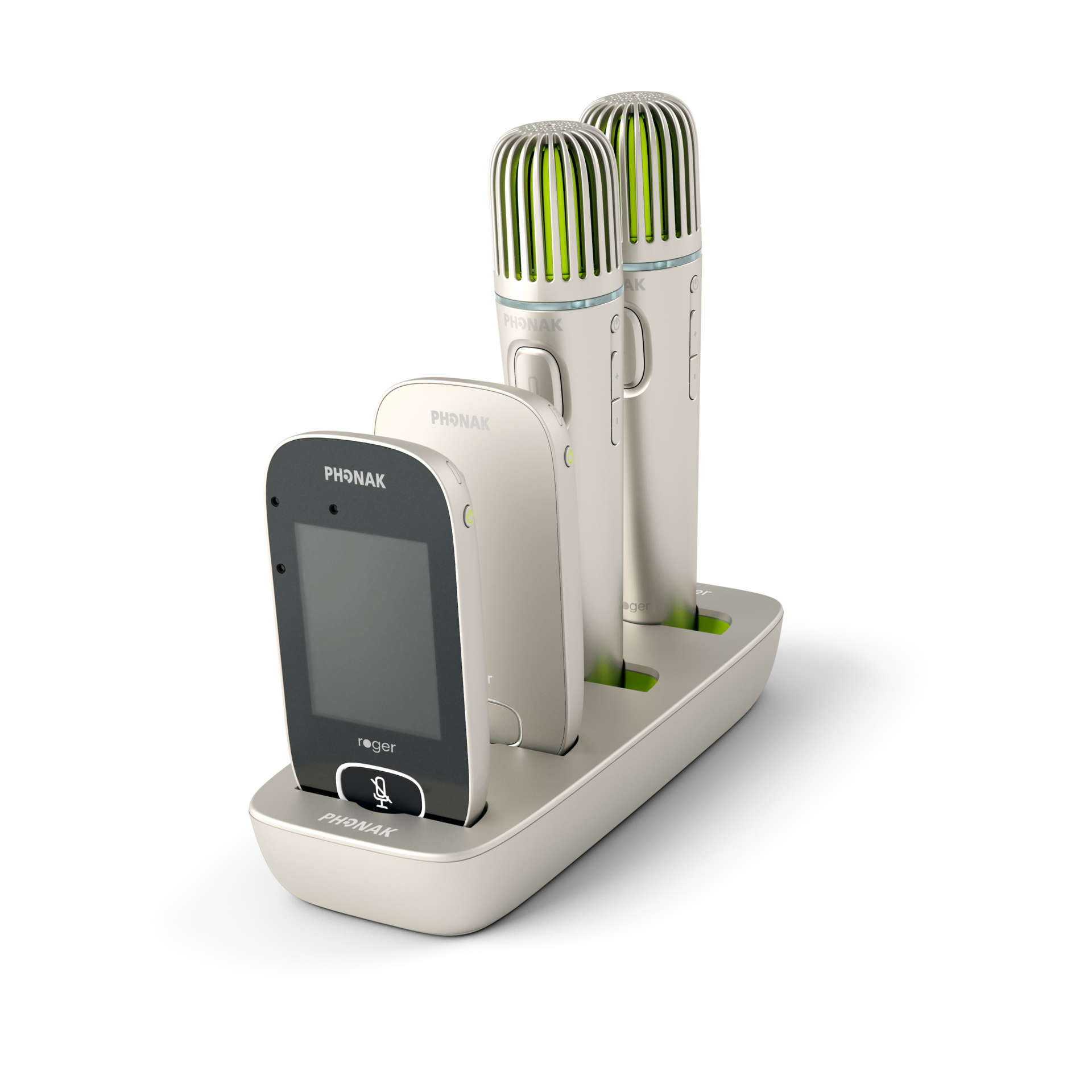Phonak Roger Charging Rack with four different hearing aid accessories charging.
