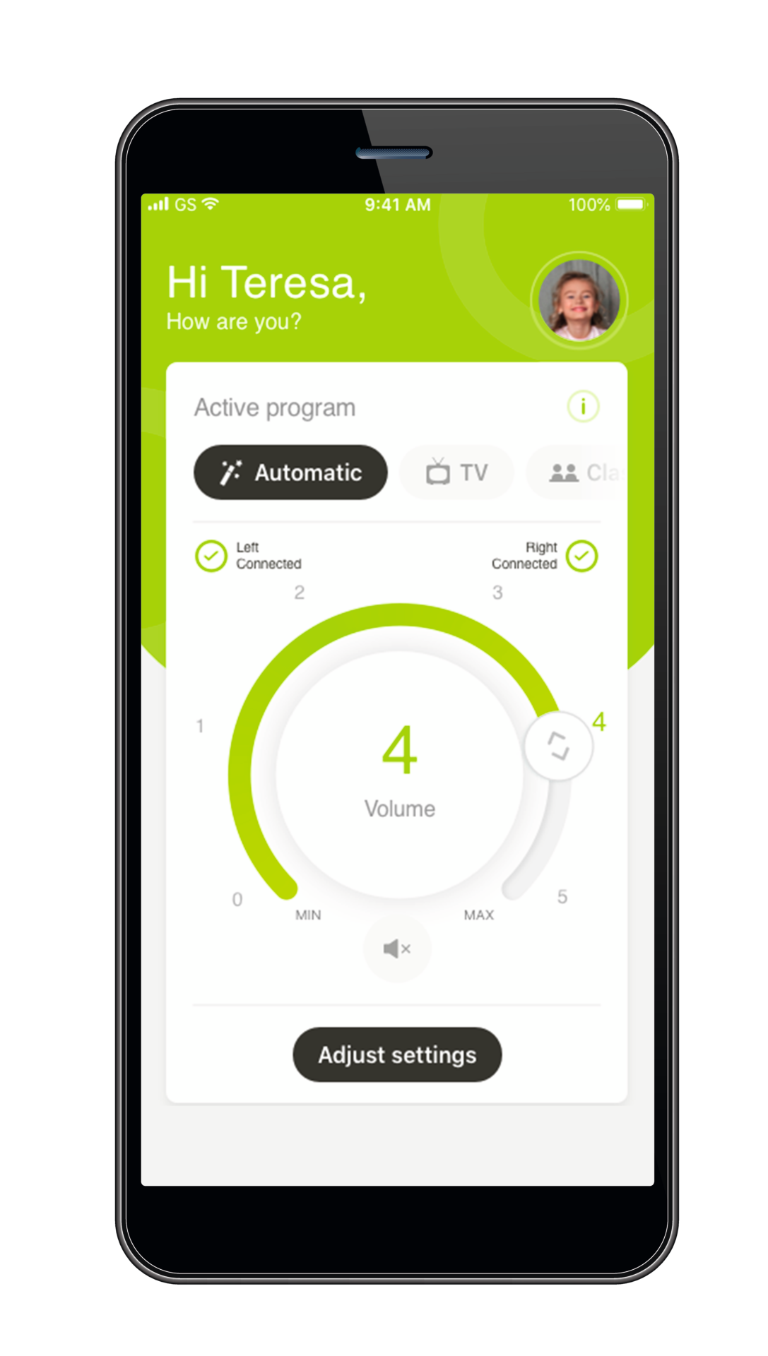 myPhonak Junior høreapparatapp grænseflade.