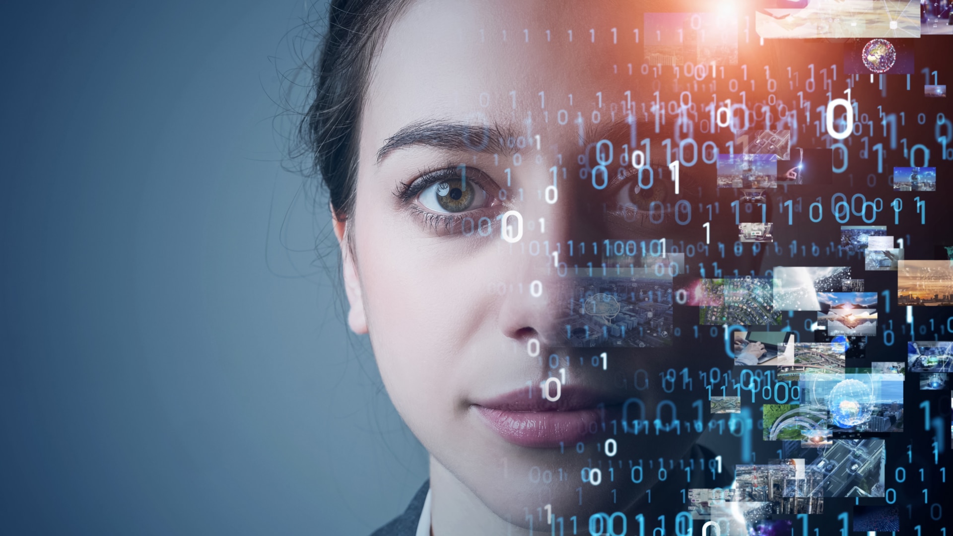 A close up on a woman's face with numbers and web images covering half of her face A woman's face overlayed with miscellaneous data and images