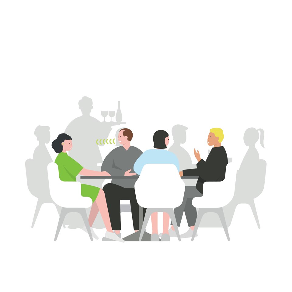 Icon illustrating real world benefits- people talking at a table Icono que ilustra los beneficios en el mundo real: gente hablando en una mesa