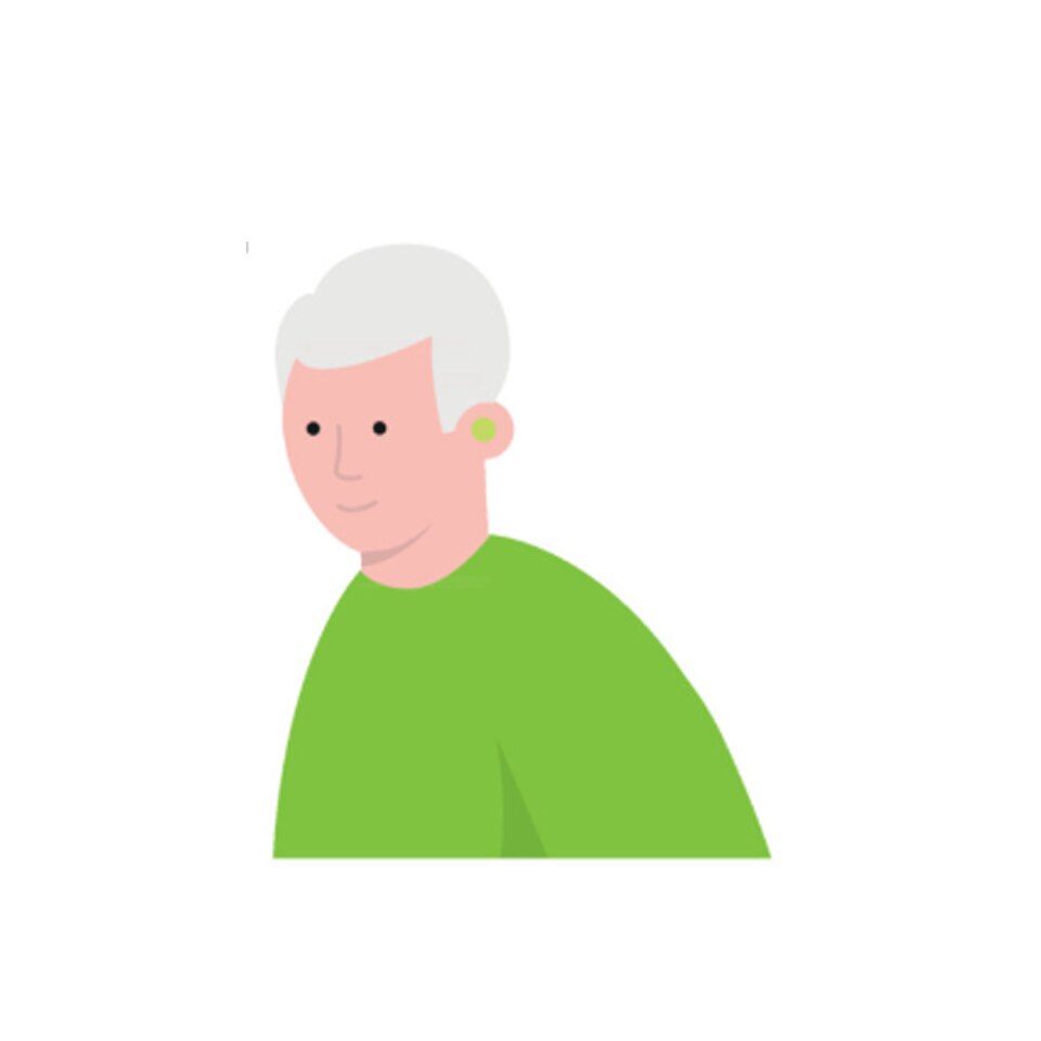 Icon illustrating listening effort task- a man with a hearing aid Icono que ilustra la tarea del esfuerzo auditivo: un hombre con un audífono