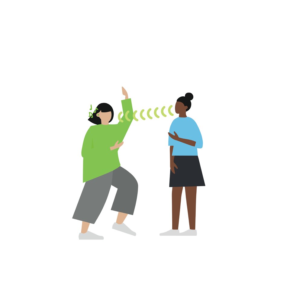 Icon presenting target speech - a person singing, the other person is listening and dancing Icono que presenta el habla objetivo: una persona canta, la otra escucha y baila