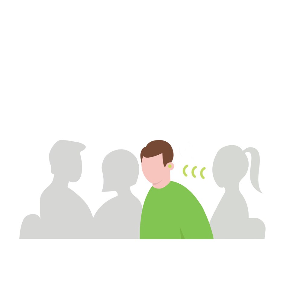 Icon presenting speech understanding task for AS OS test- a hearing aid user listening to people around him Icono que presenta la tarea de comprensión verbal para la prueba AS OS: un usuario de audífonos escuchando a las personas que lo rodean