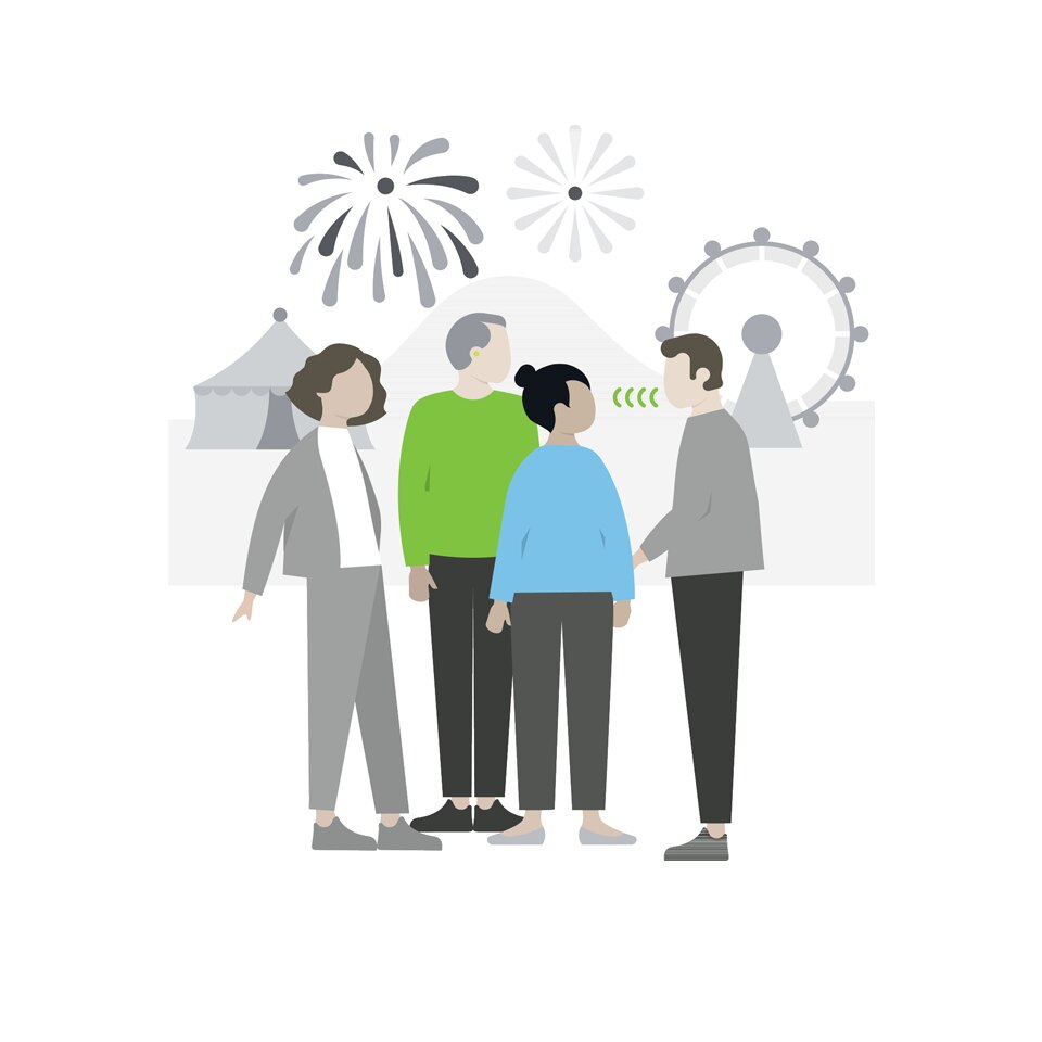 Icon presenting real world benefits- people talking with fireworks behind Icono que presenta los beneficios en el mundo real: personas hablando con fuegos artificiales detrás