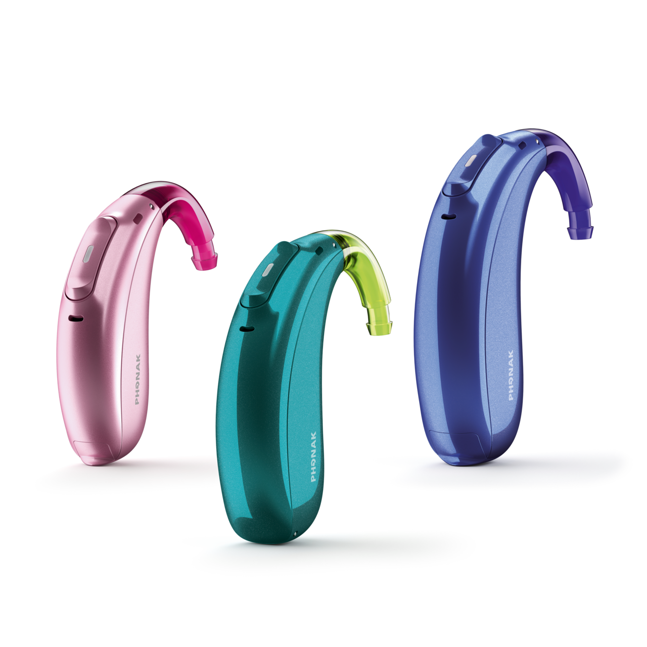 Three Phonak Sky M hearing aids in three different colors: pink, teal, royal blue.
