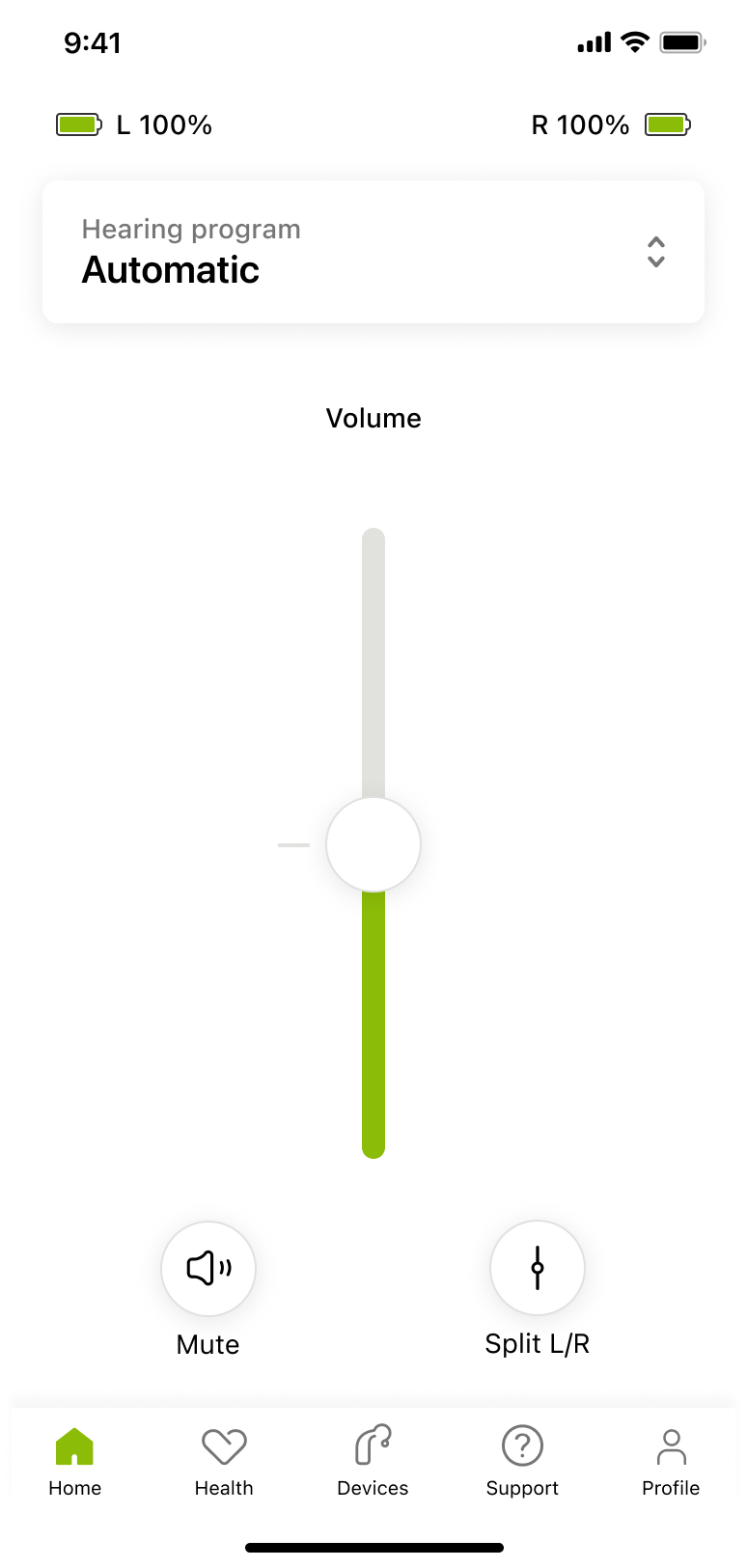 Myphonak app screen showing hearing aid volume adjustment