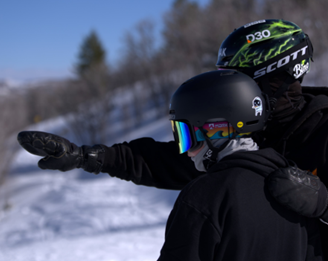 Professional freestyle skier Robin Gillon mentors 13-year-old Emmett Haaland on the slopes at Woodward Park City as part of the Hear My Life Ambassador Relay, inspiring the next generation of athletes with hearing loss.