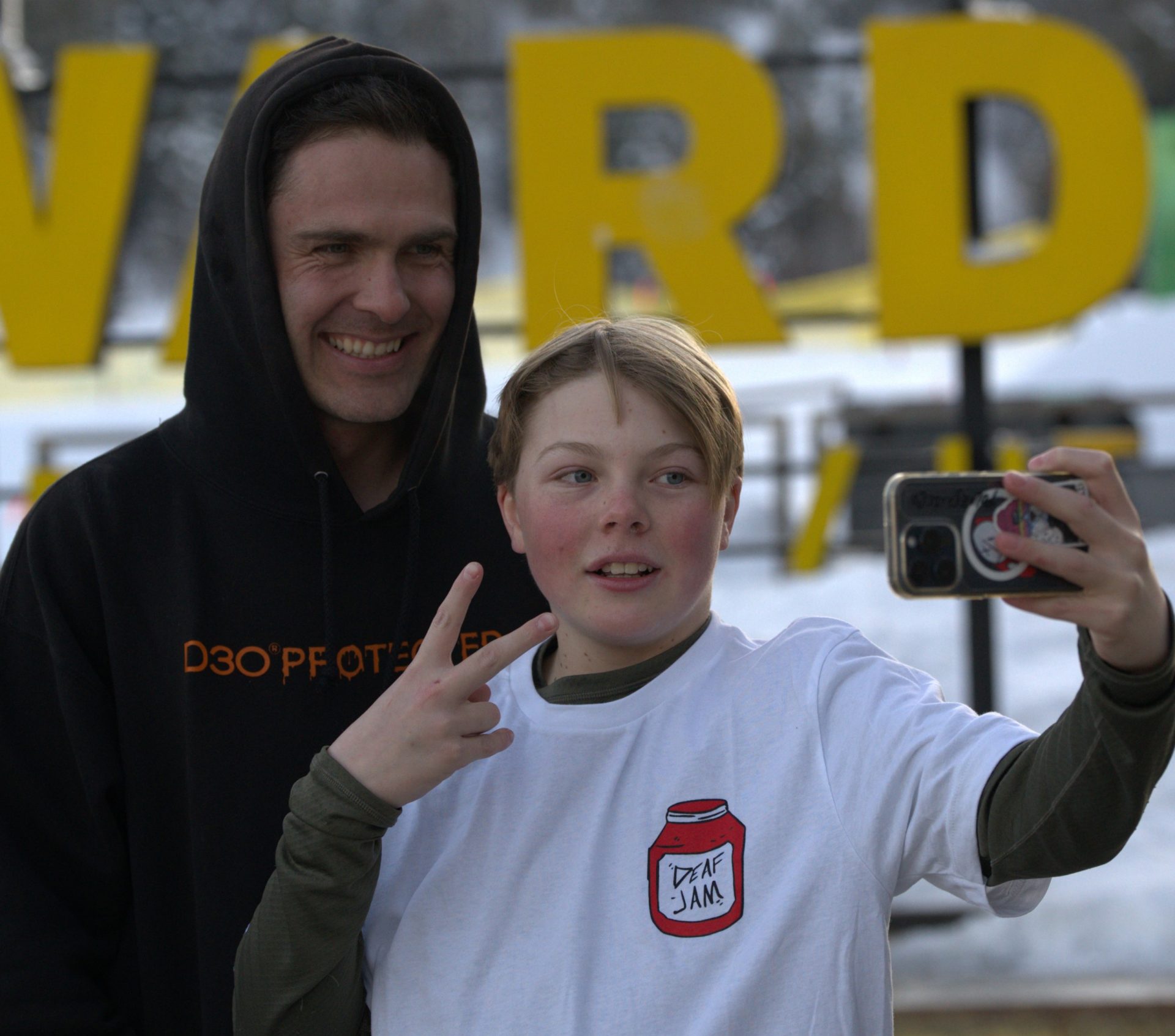 Professional freestyle skier Robin Gillon mentors 13-year-old Emmett Haaland on the slopes at Woodward Park City as part of the Hear My Life Ambassador Relay, inspiring the next generation of athletes with hearing loss.