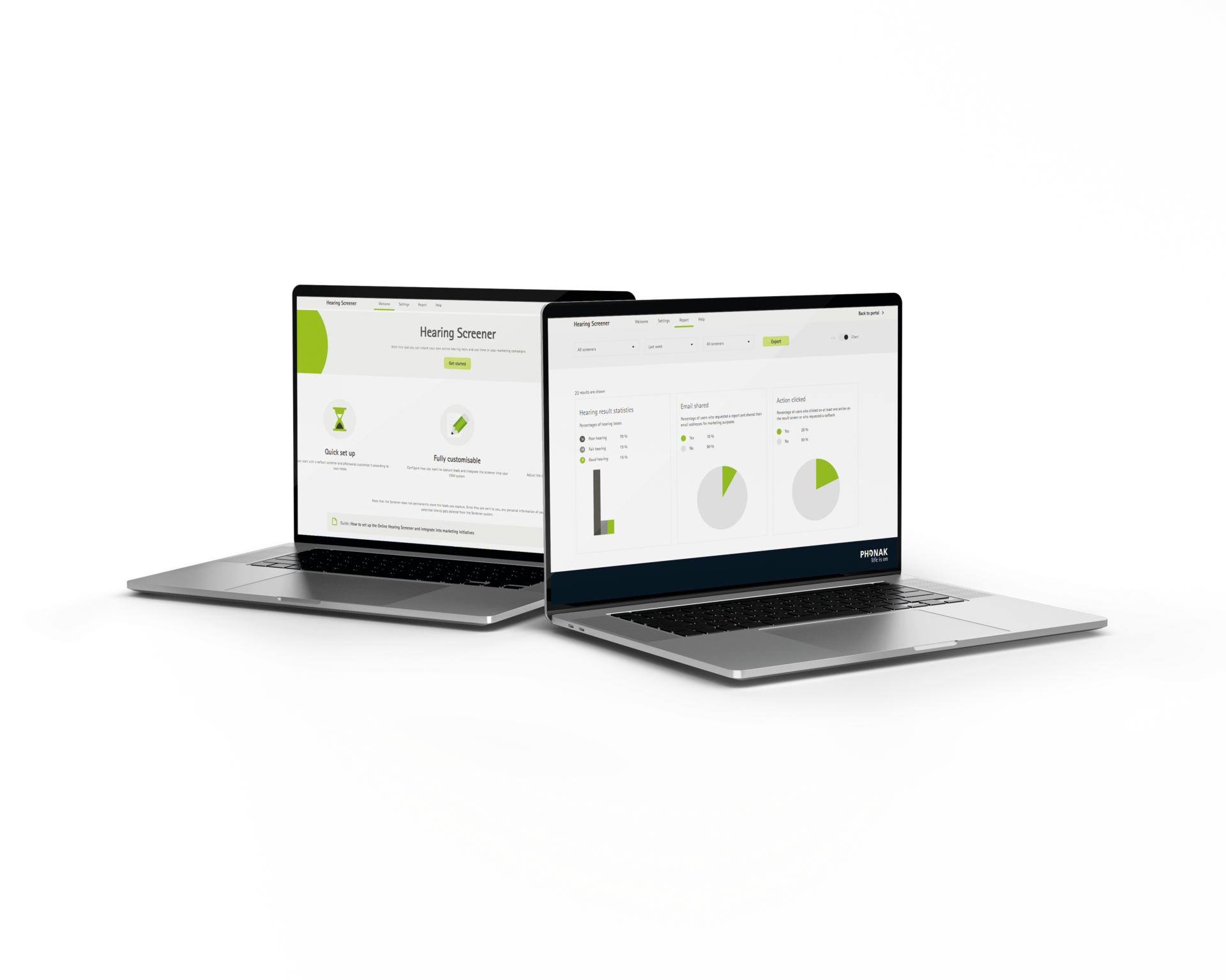 Phonak Hearing Screener app interfaces on two laptops.