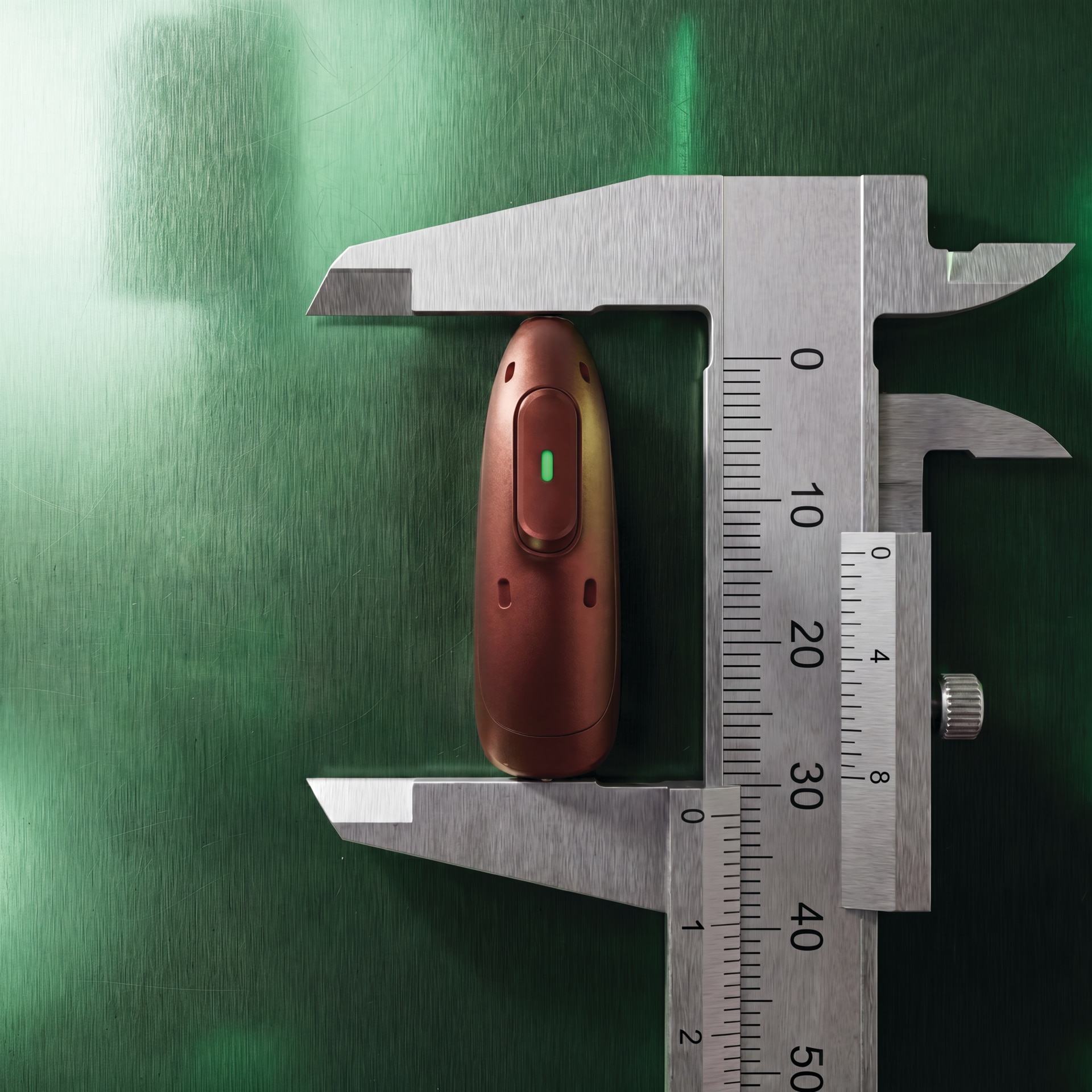 Hearing aid shown beside a precision measuring tool to illustrate its compact design.