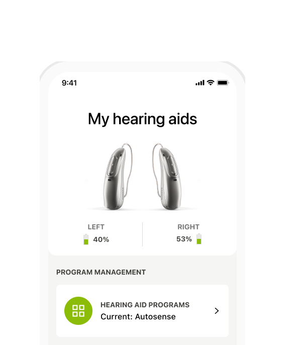 myPhonak hearing aid interface - settings and program management. Interfaccia apparecchio acustico myPhonak - impostazioni e gestione dei programmi.
