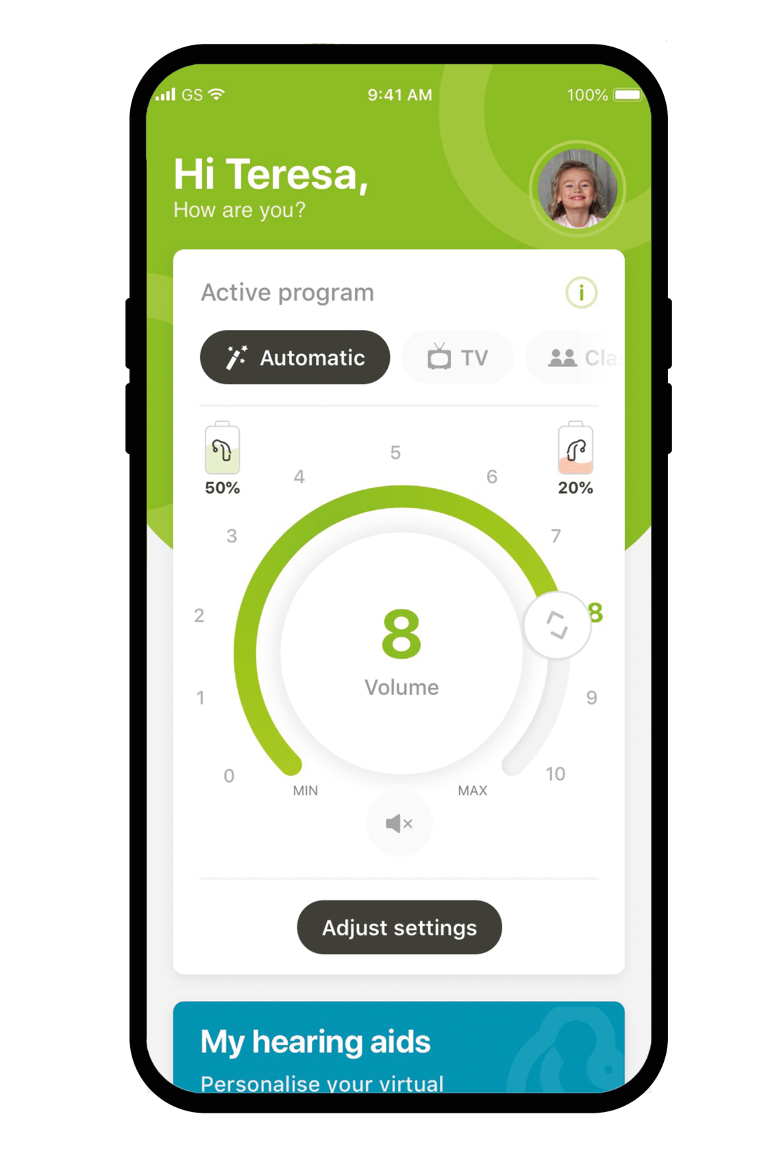 MyPhonak Junior app's welcome screen presented on a screen of a smartphone Schermata di benvenuto dell'app myPhonak Junior su uno smartphone