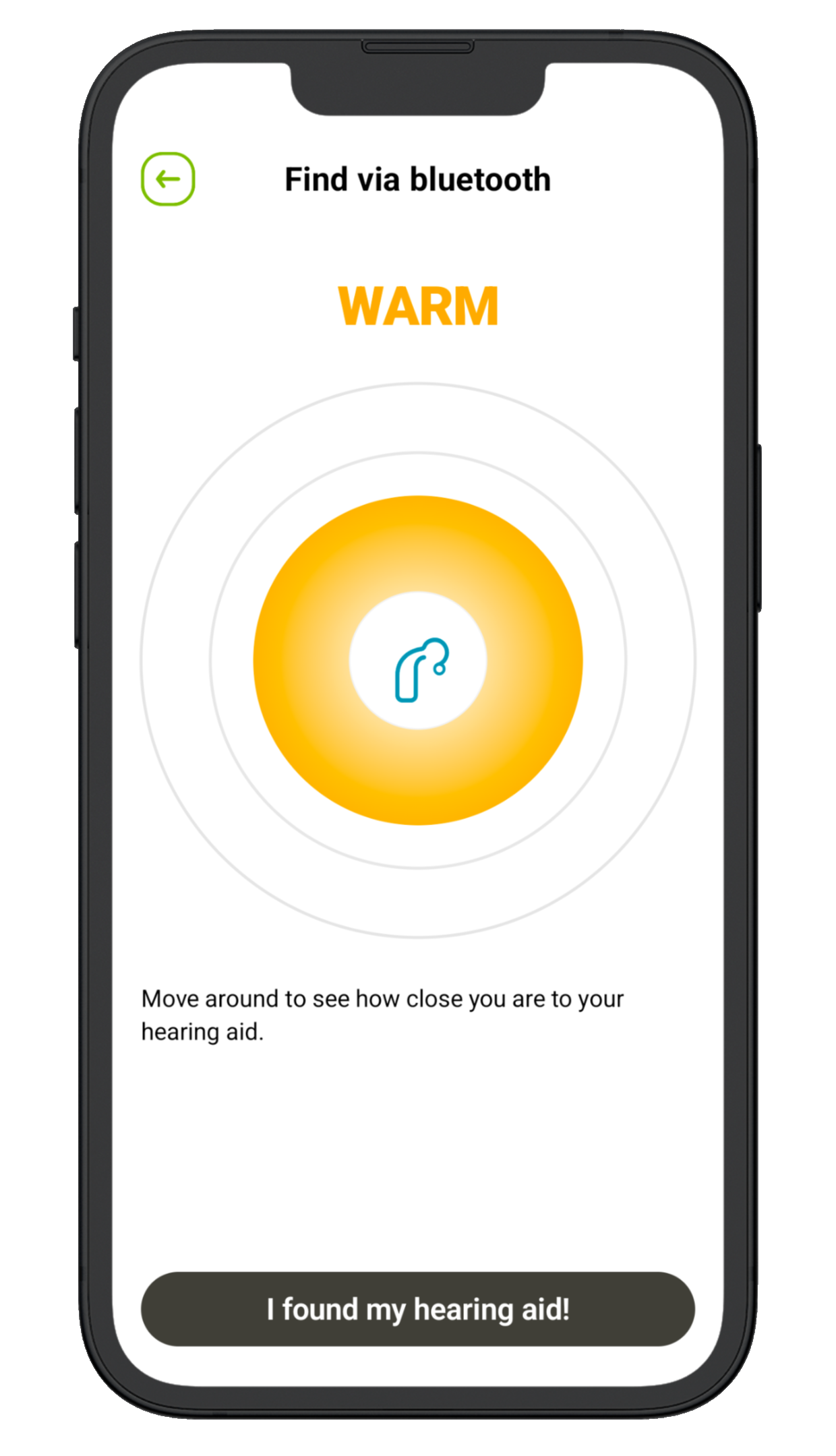 MyPhonak Junior app's "find my hearing aids" function presented on a screen of a smartphone Funzione “Trova i miei apparecchi acustici” dell'app myPhonak Junior mostrata sullo schermo di uno smartphone