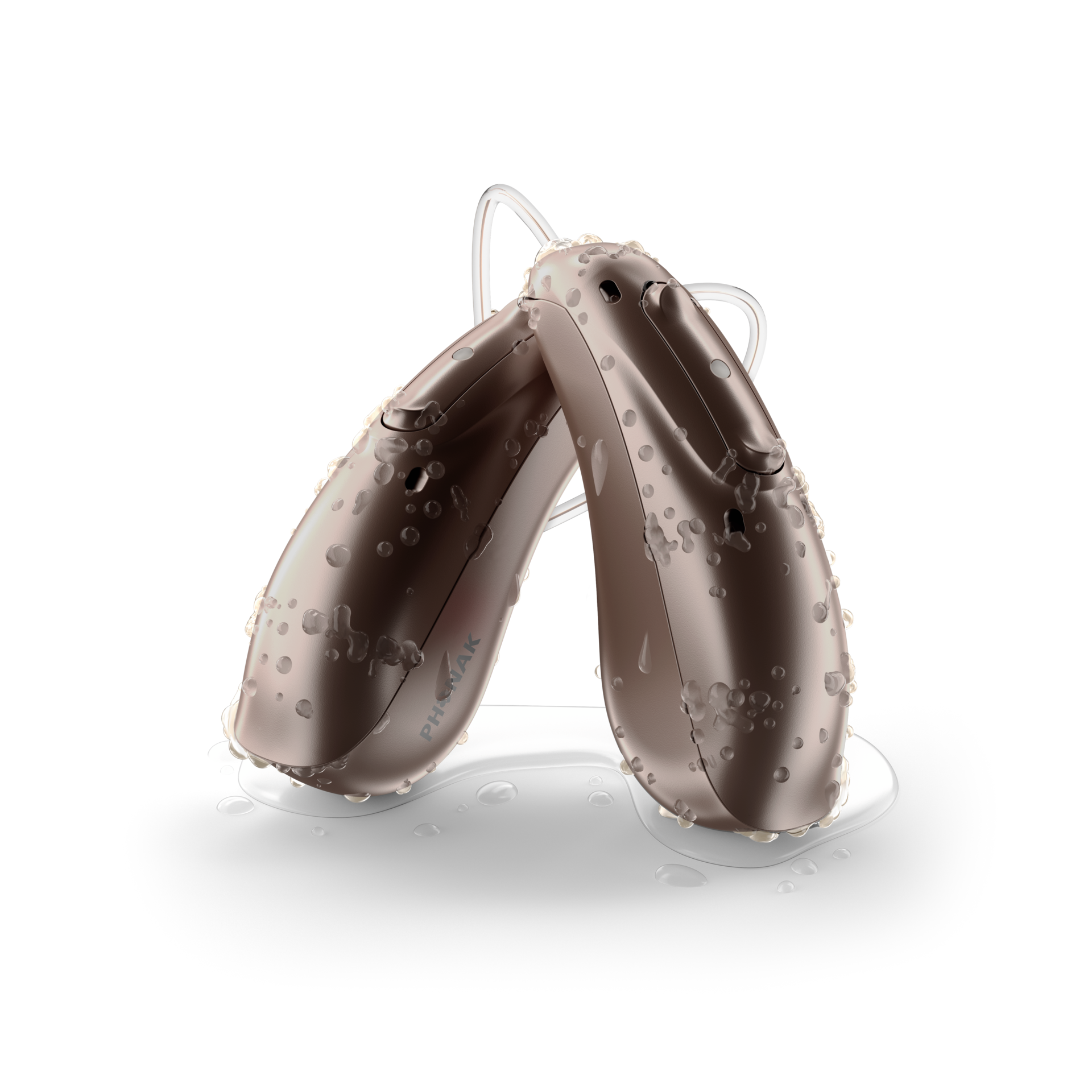 Phonak Audeo Life Lumity hearing aids covered with water droplets.