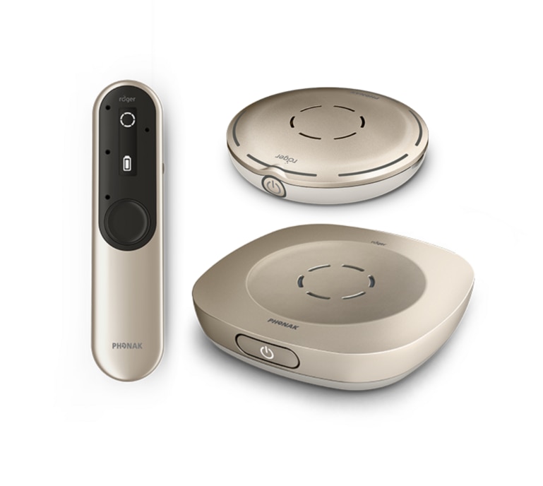 Tre diversi microfoni per apparecchi acustici della famiglia Phonak Roger.