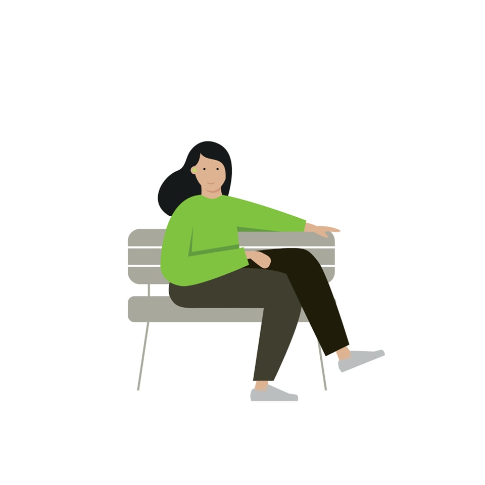 Pictogram dat de werkelijke voordelen illustreert: een dame met hoortoestel die op een bankje zit en lacht