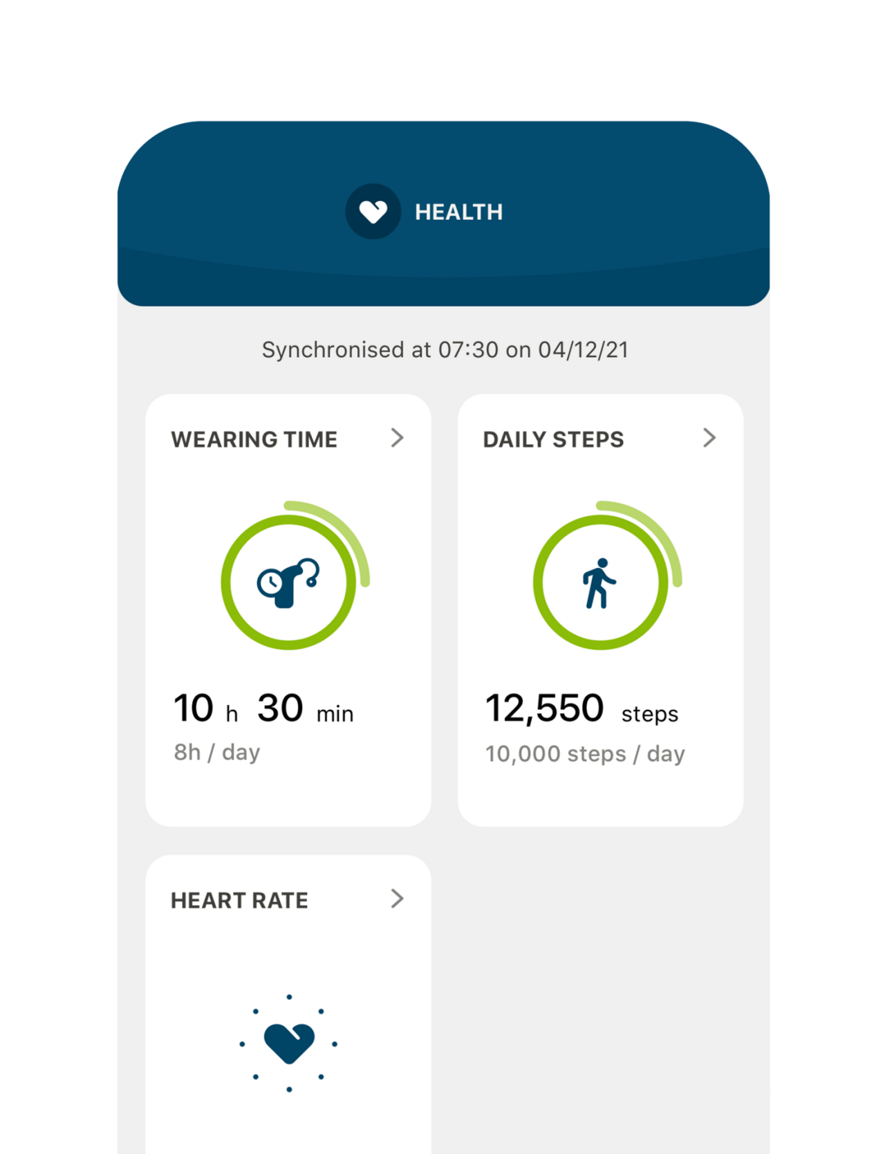 myPhonak hearing aid interface - health and well-being functions.