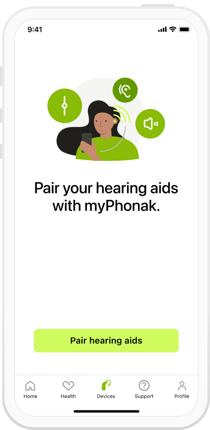 myPhonak app hearing aids pairing screen view