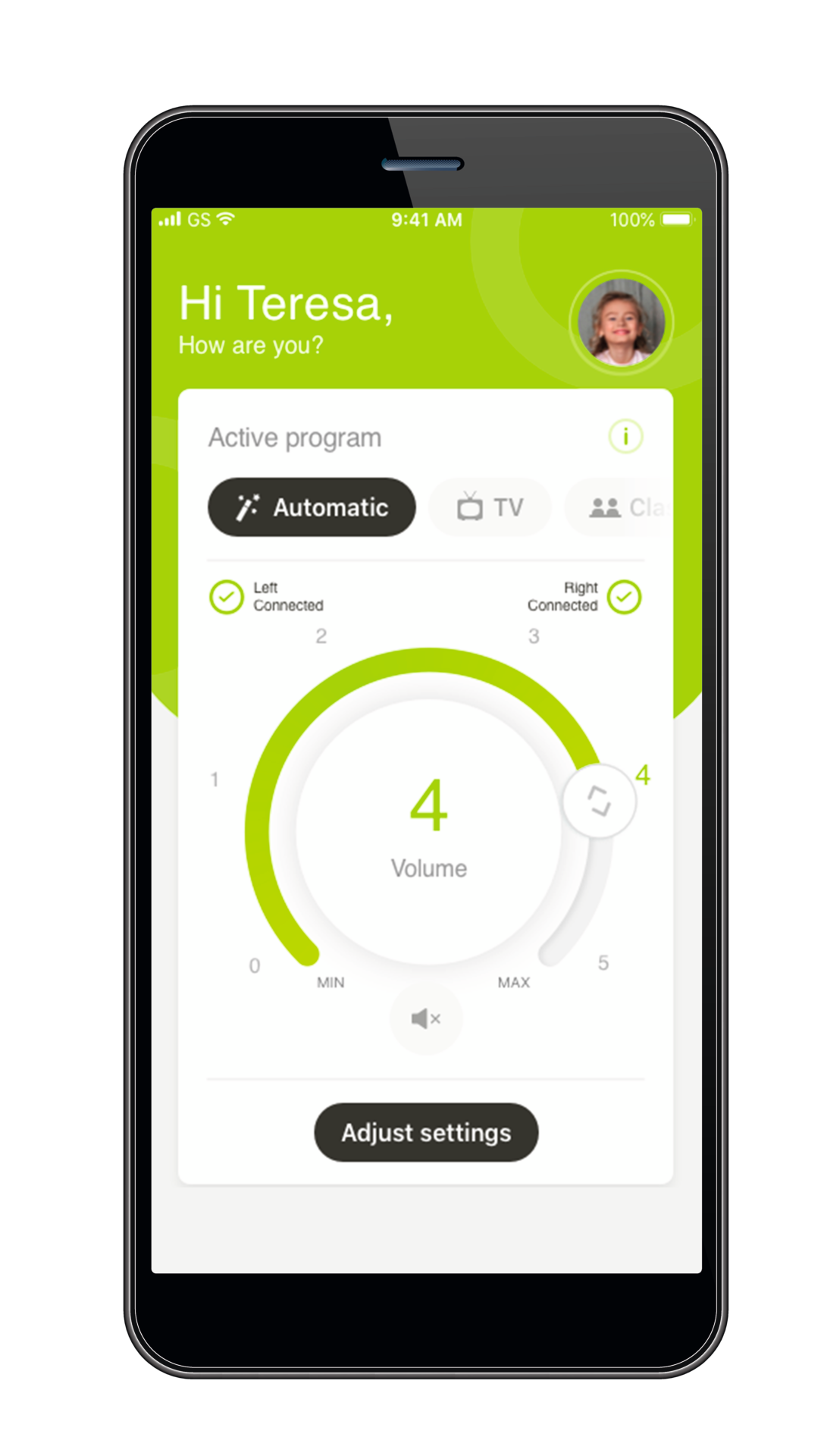 Grensesnitt for myPhonak Junior høreapparat-app.