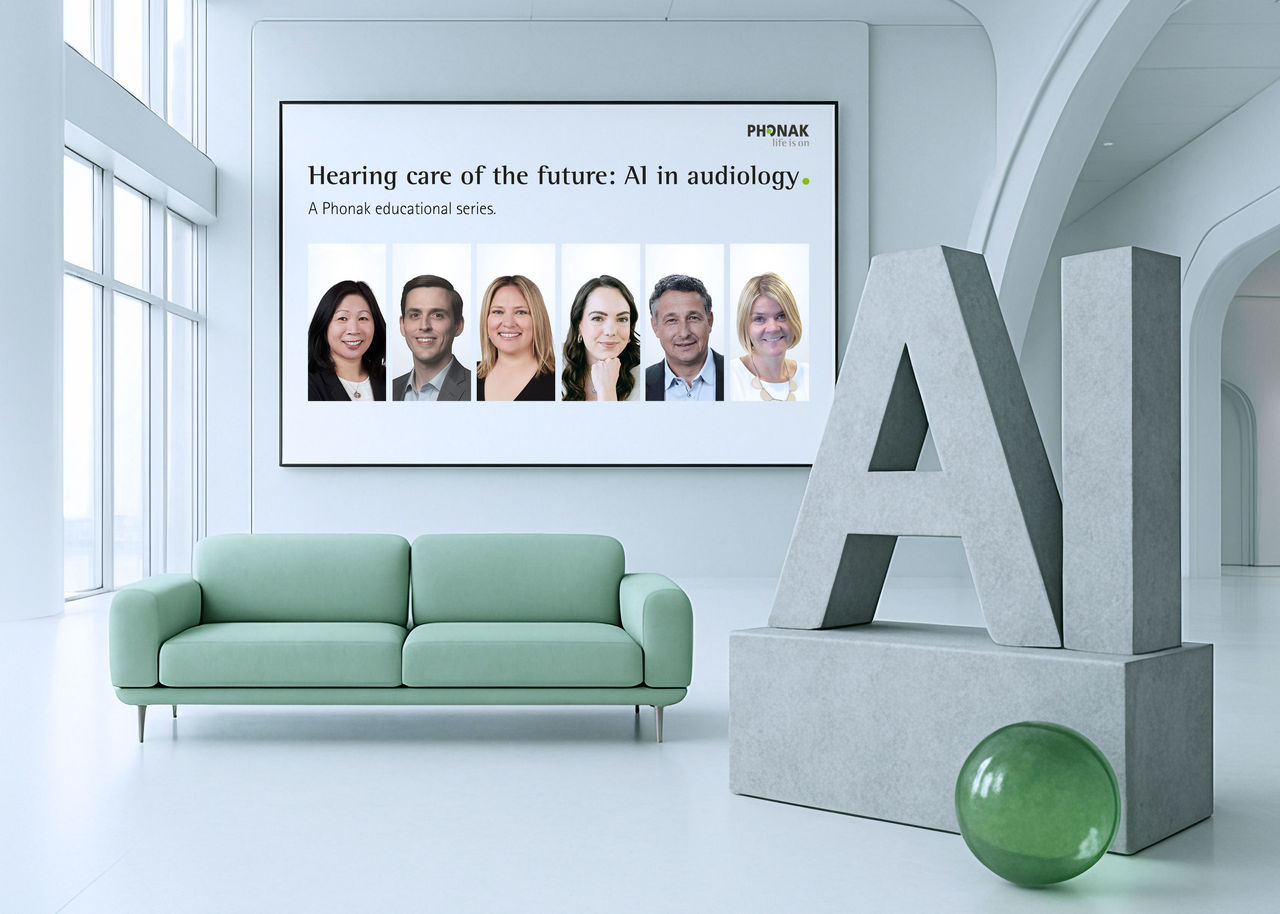 2623552039 AI in Audiology Webinar Series: Modern entrance hall with AI statue and speaker display.