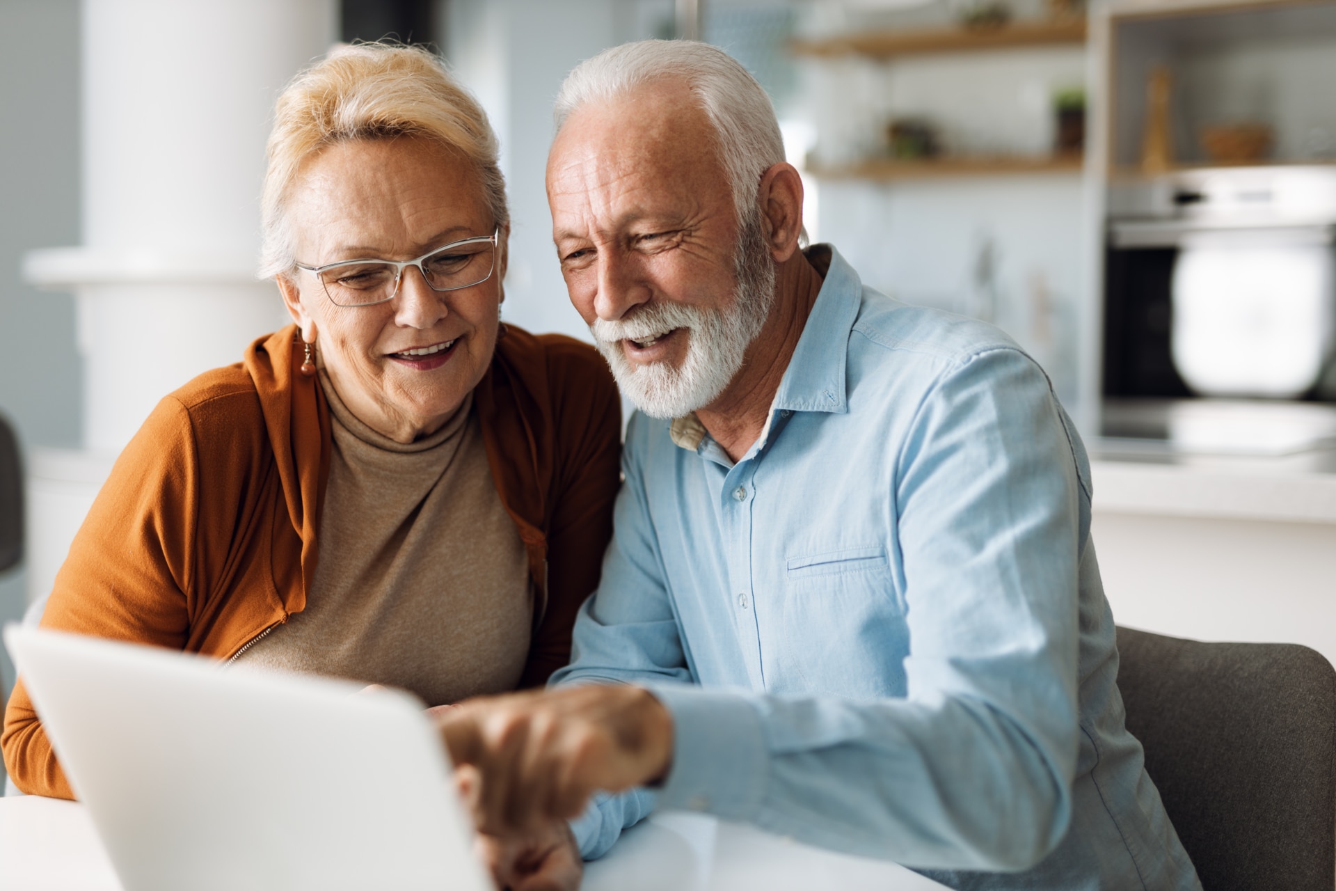 Happy  mature couple using  laptop at home