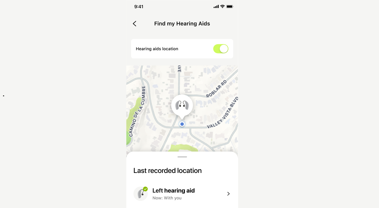 Ekran aplikacji myPhonak pokazujący funkcję Znajdź mój aparat słuchowy