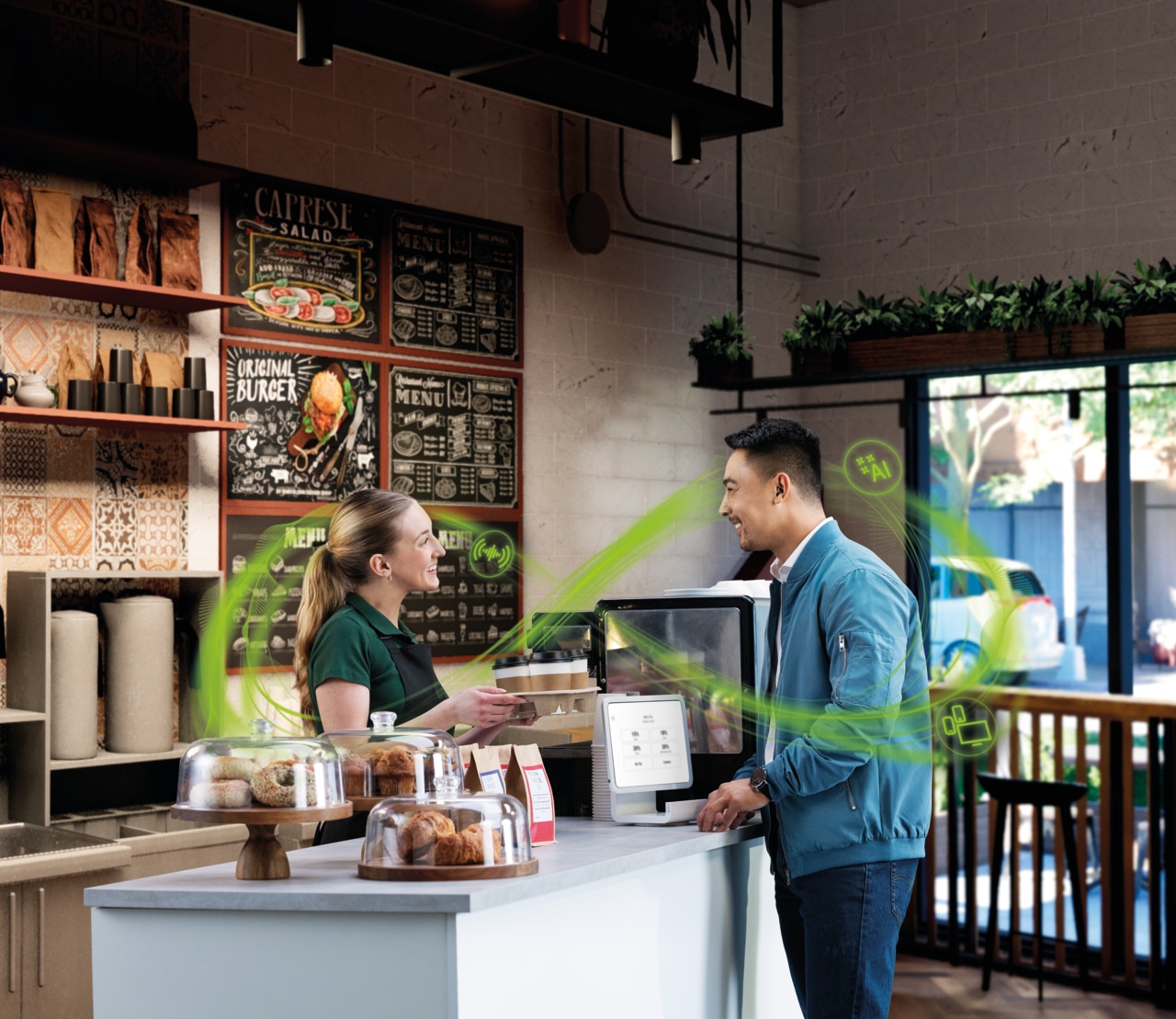 A woman is selling coffee at a café, smiling as a man is buying a cup from her