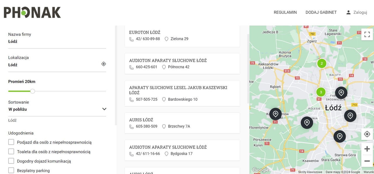 Screenshot z wyszukiwarki firm protetycznych