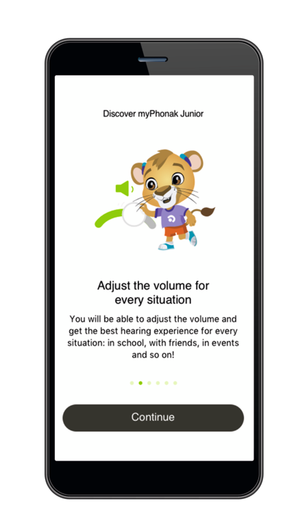 myPhonak Junior-appens funktion "justera volym" presenterad på en mobiltelefonskärm.