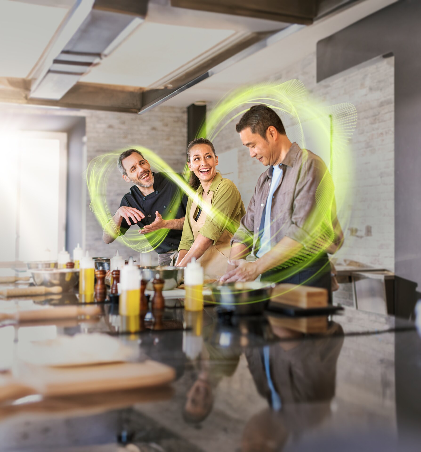 A trio surrounding by the Infinio swoosh