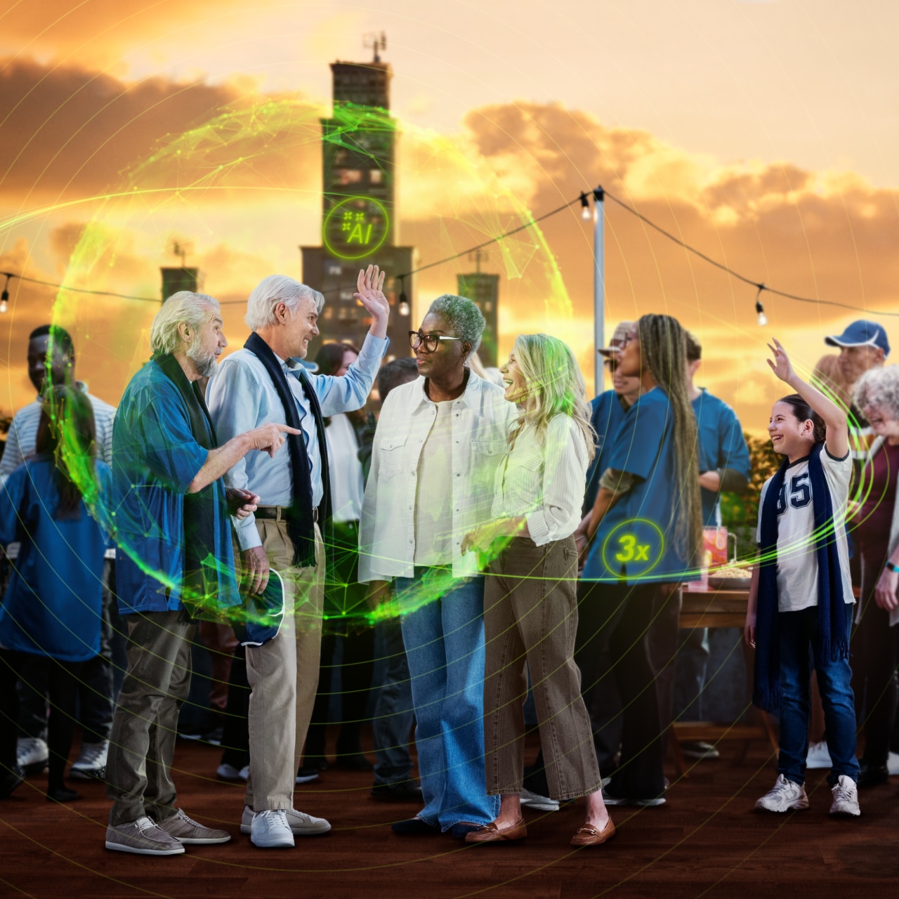 A diverse group of adults socializing on a rooftop terrace at sunset; in the background a tall clock tower with a green AI display and a warm orange sky