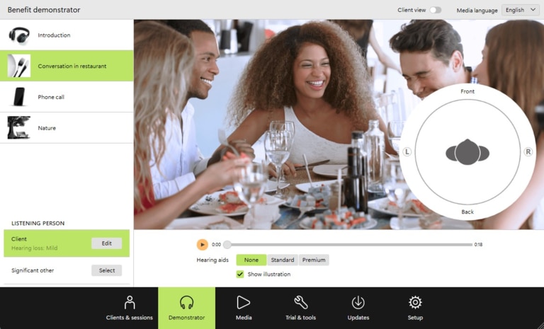 Conversation demo—select the listener and use the direction dial to compare how speech sounds in background noise.