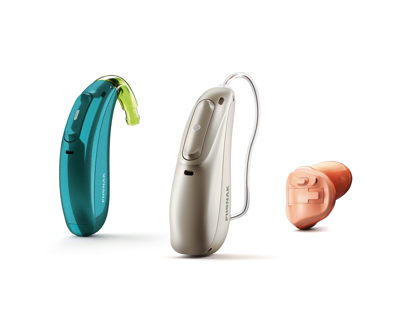 Three types of Phonak hearing aids: behind-the-ear,  receiver-in-the-canal and in-the-ear.