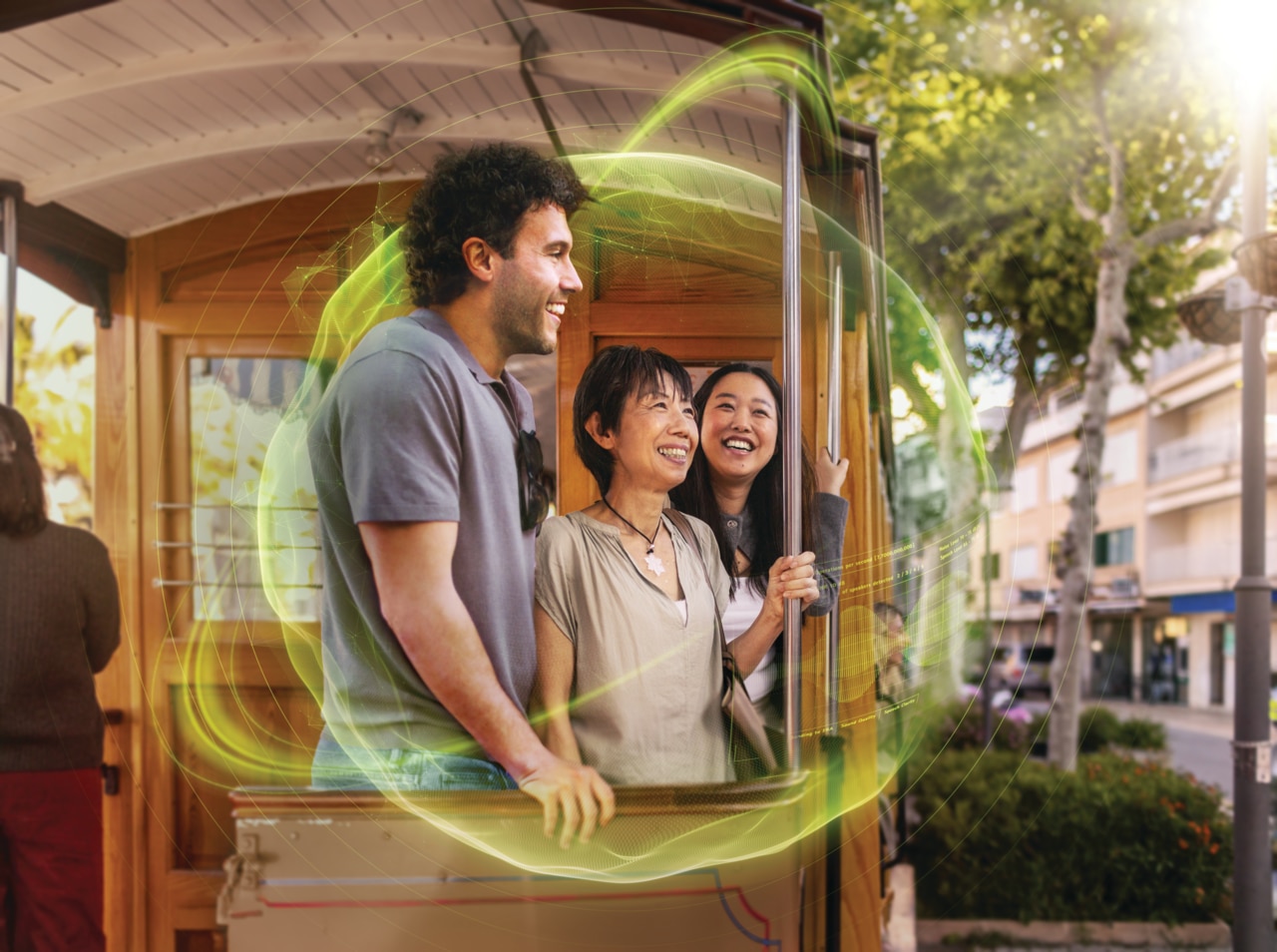 A trio on a trolley with Sphere's field around them
