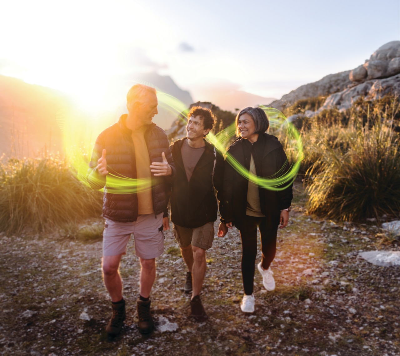A group hiking with the Infinio symbol surrounding them