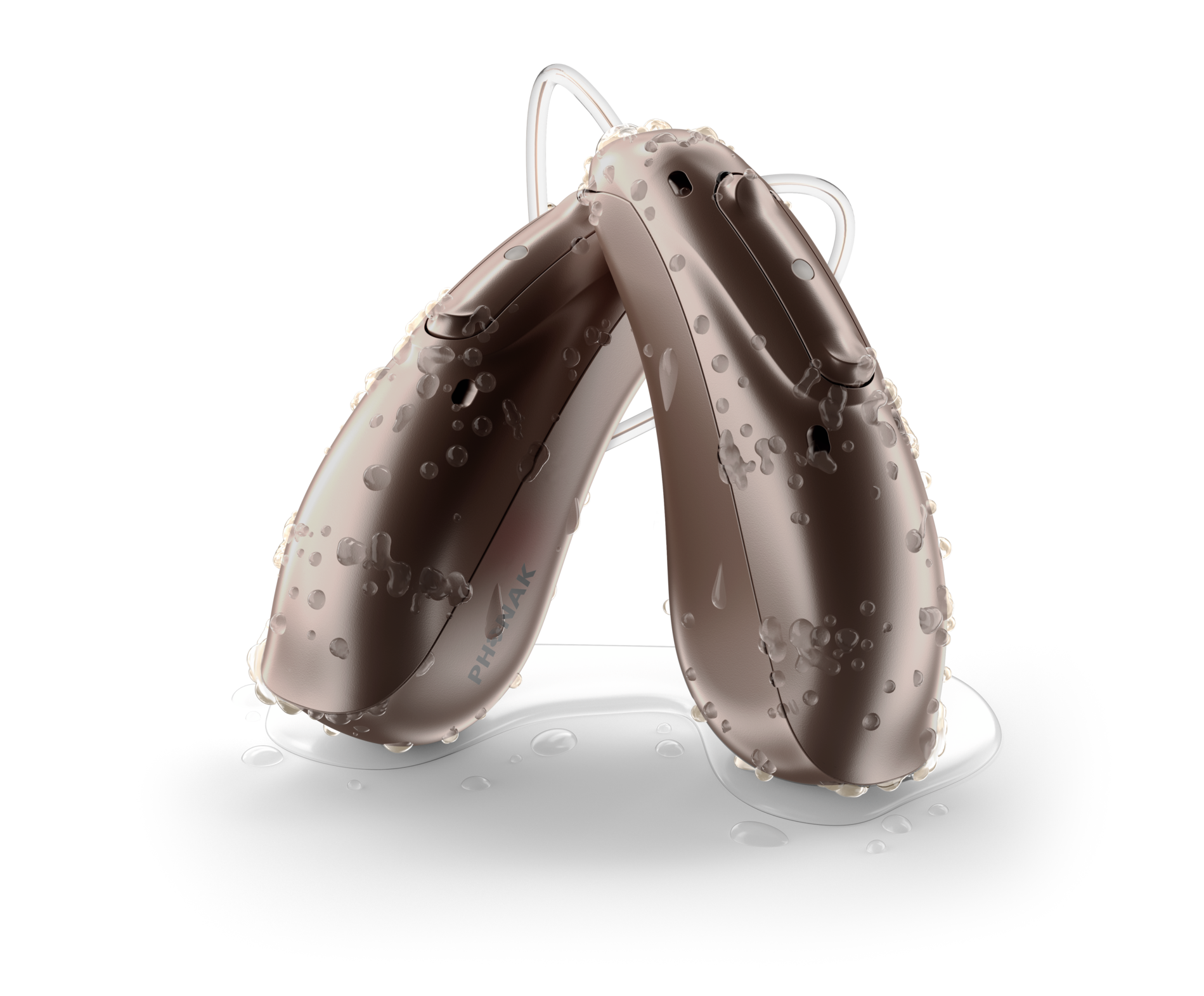 Phonak Audeo Life Lumity hearing aids covered with water droplets.