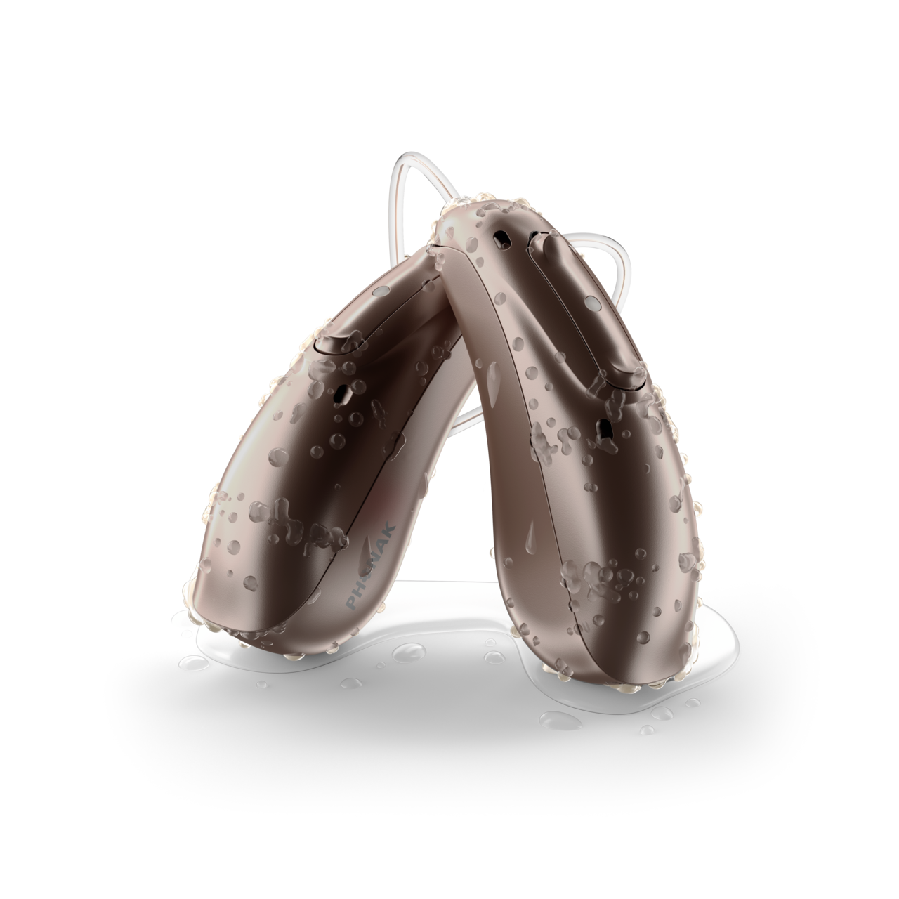 Phonak Audeo Life Lumity hearing aids covered with water droplets.