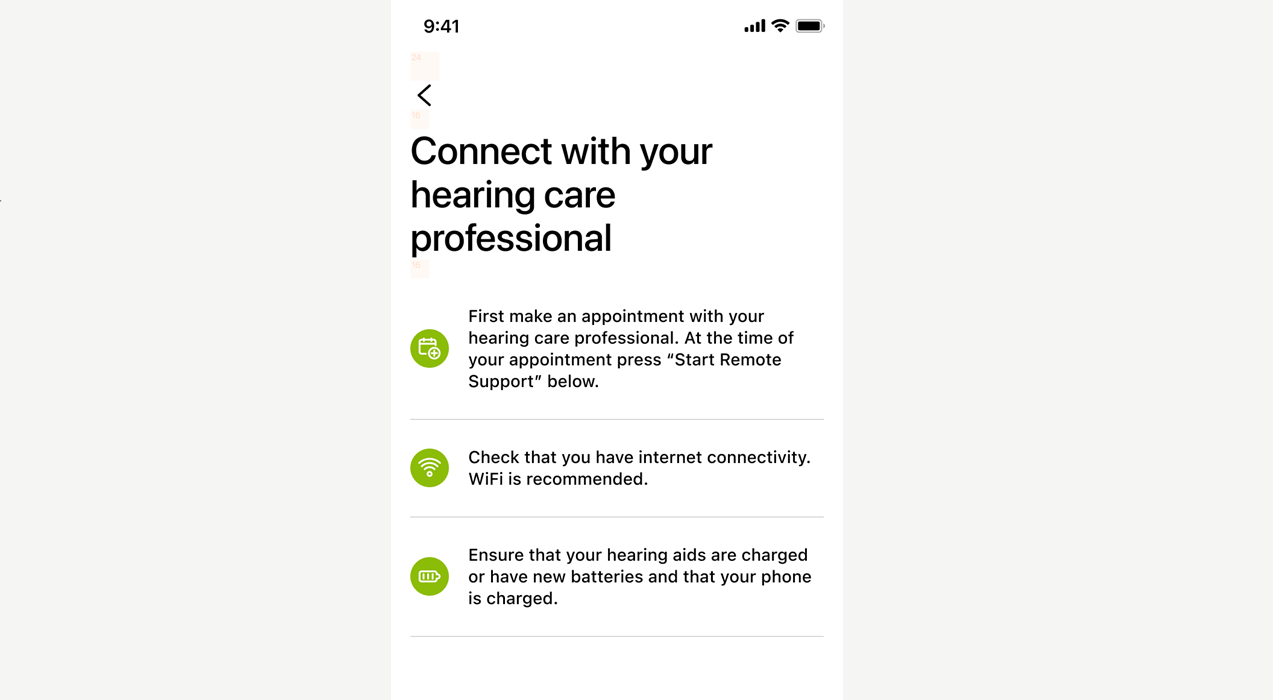 Myphonak app screen showing connection options with hearing care professional