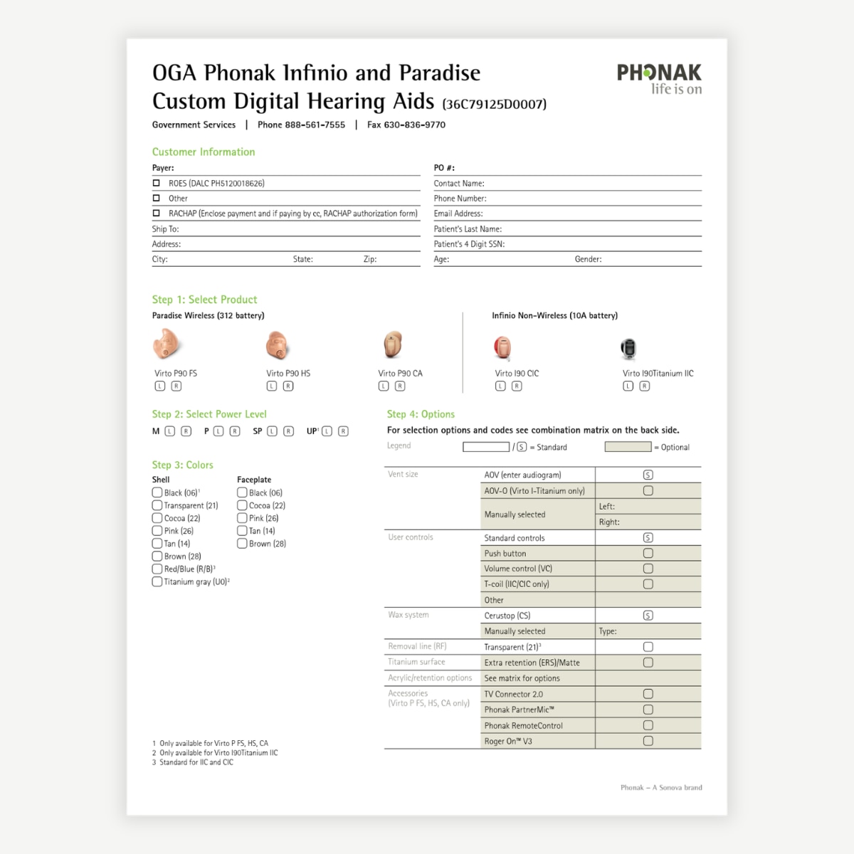 Infinio and Paradise Custom Digital Hearing Aids Order Form