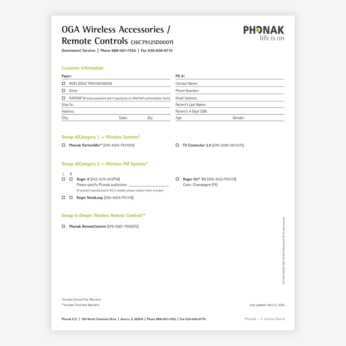 Wire Accessories / Remote Controls Order Form
