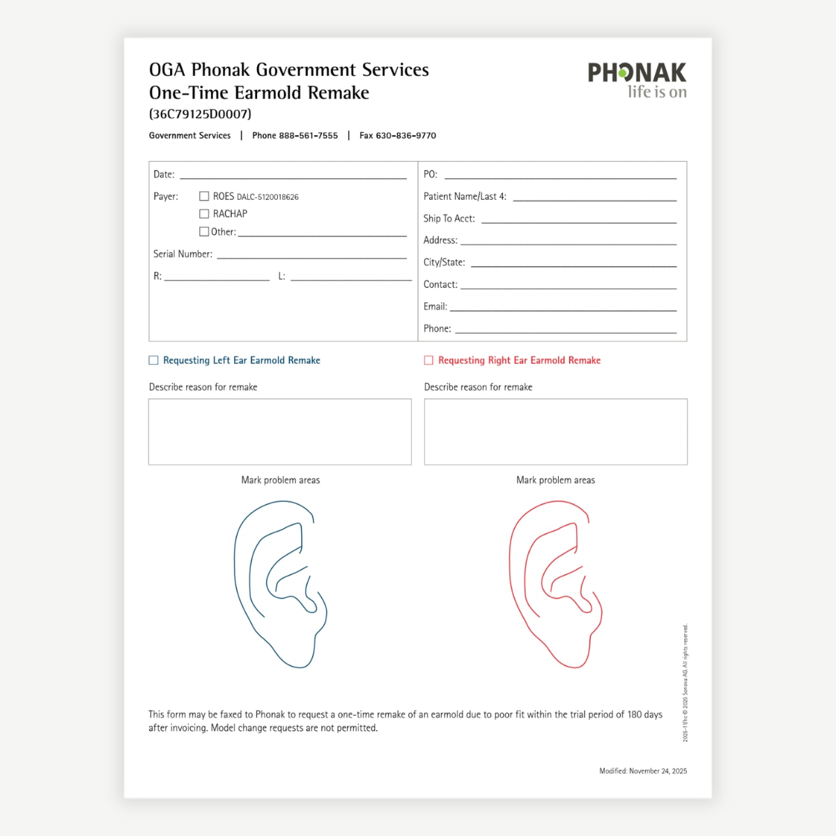 One-Time Replacement Earmold Order Form
