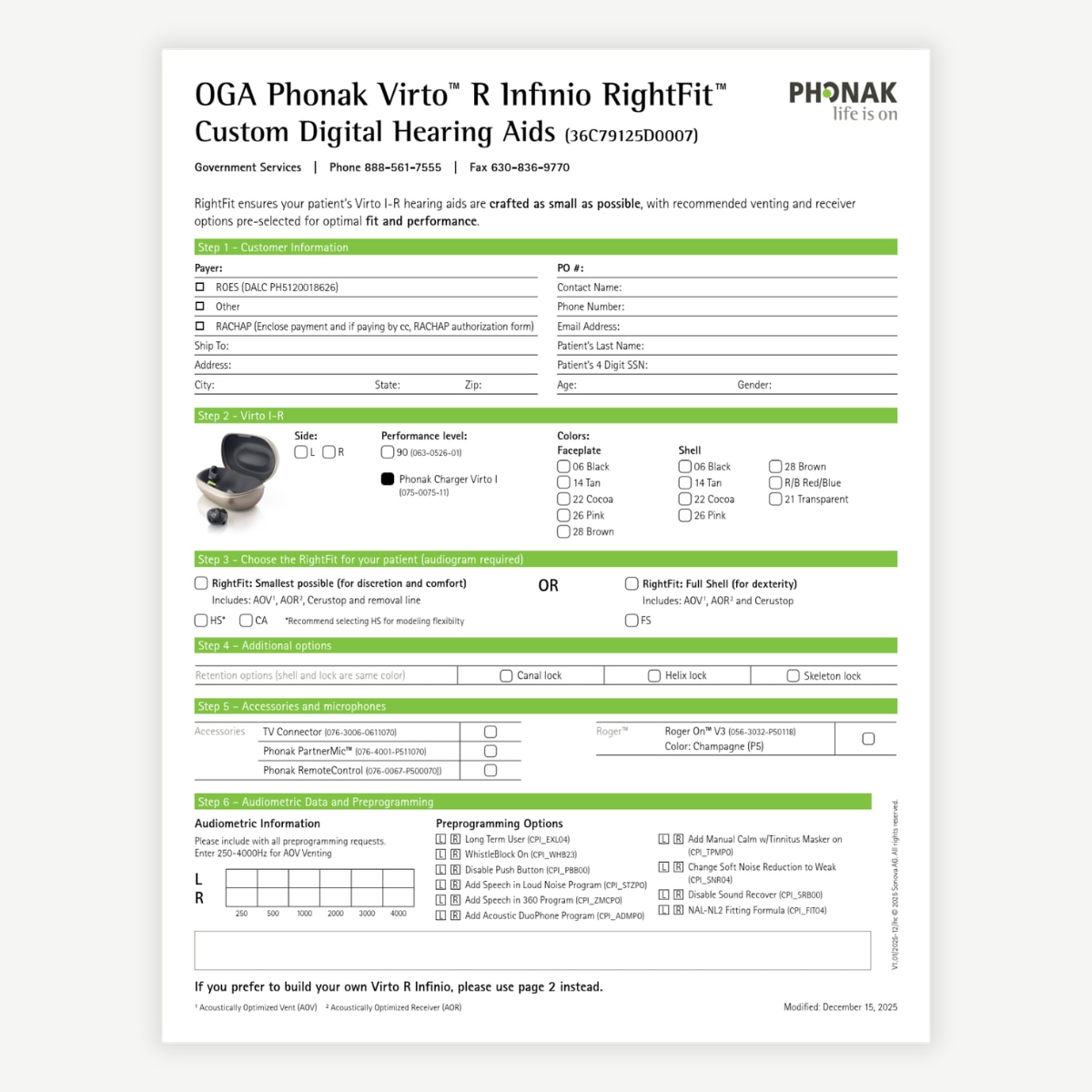 Virto™ R Infinio RightFit™ Custom Digital Hearing Aids Order Form