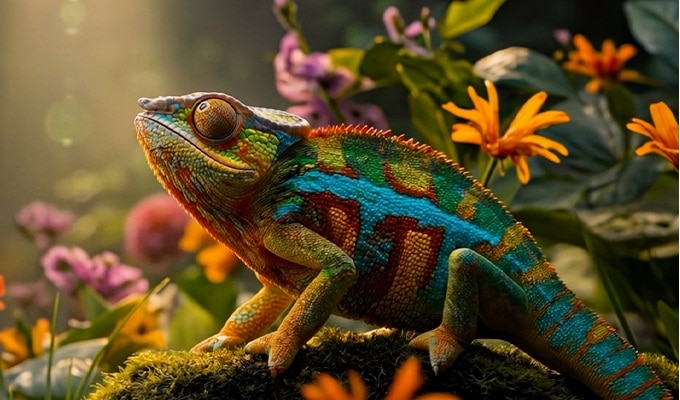 A brightly colored chameleon with turquoise, blue, and orange patterns sits on a mossy rock among a bed of orange, pink, and purple flowers, with sunlight streaming through; a small butterfly is nearby.