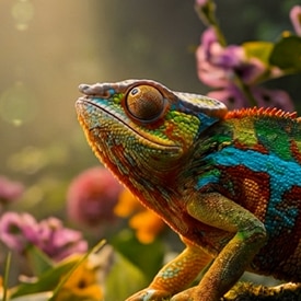A brightly colored chameleon with turquoise, blue, and orange patterns sits on a mossy rock among a bed of orange, pink, and purple flowers, with sunlight streaming through; a small butterfly is nearby.